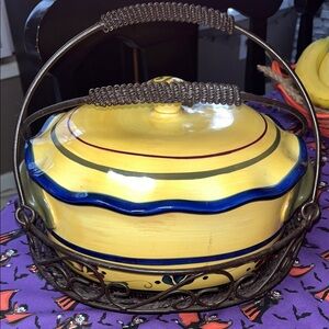 Home & Garden Party Yellow Stoneware Dish with Metal Holder 
NO BUNDLE PLEASE